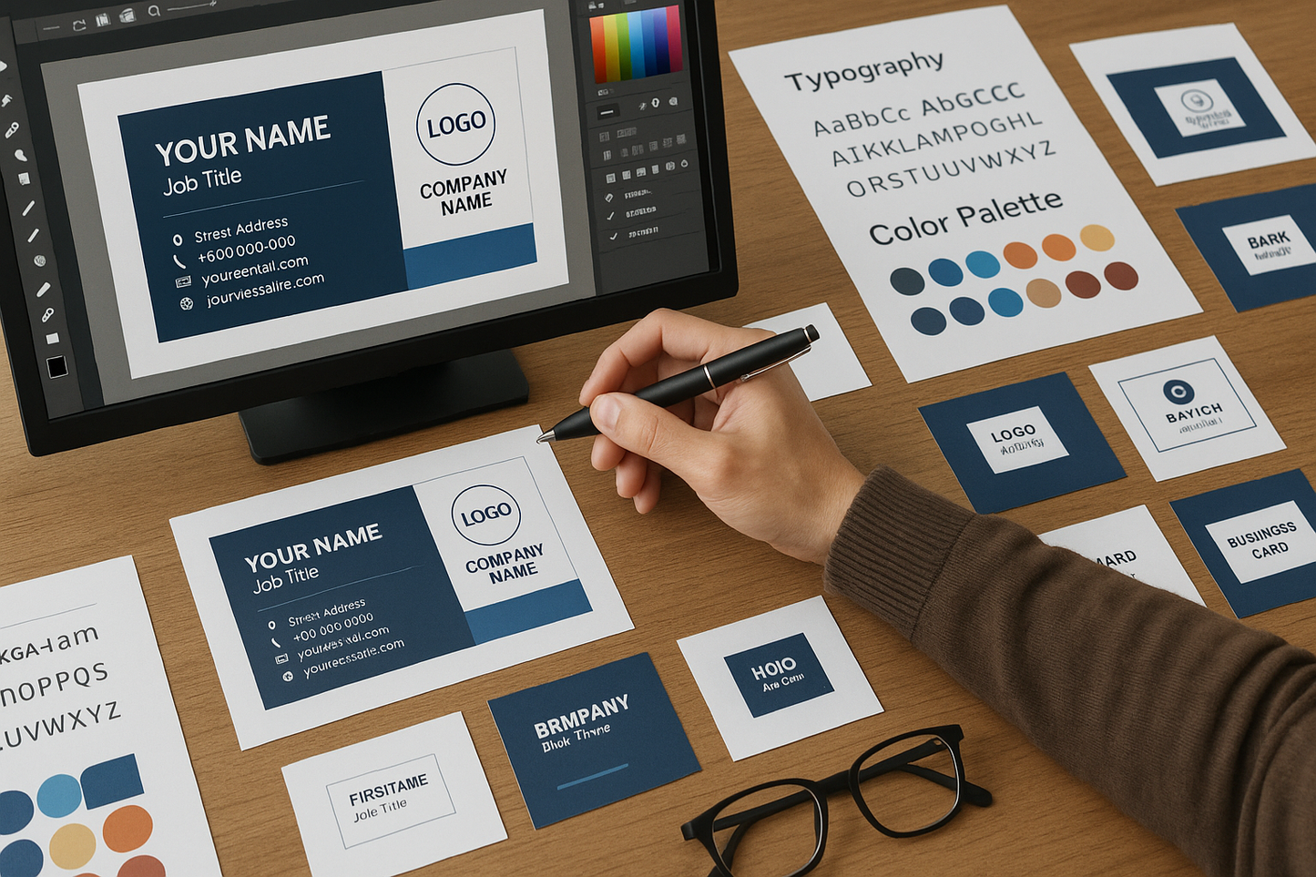 Business card design workspace